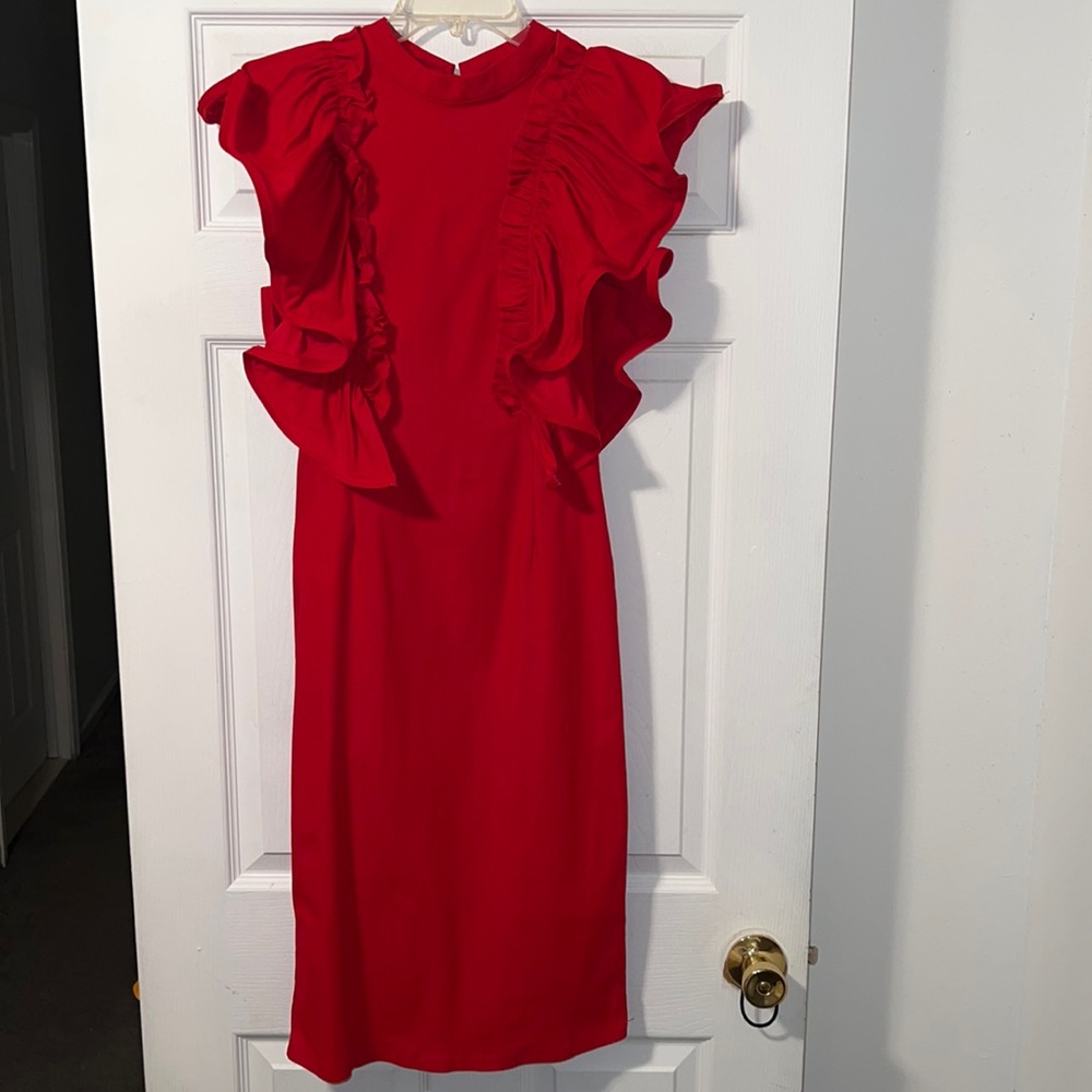 Ríen Red Ruffle Body Con Midi Dress
